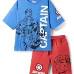 Pine Kids Marvel Single Jersey Knit Half Sleeve Drop Shoulder T-Shirt & Short Set With Captain America Graphic - Blue & Red