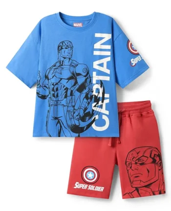 Pine Kids Marvel Single Jersey Knit Half Sleeve Drop Shoulder T-Shirt & Short Set With Captain America Graphic - Blue & Red
