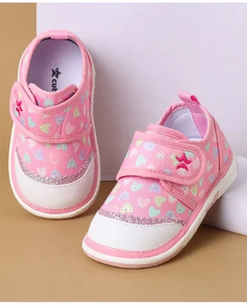 Cute Walk by Babyhug Velcro Closure Casual Shoes with Heart Print & Glitter Detailing - Pink