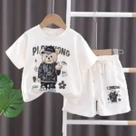 Googo Gaaga Cotton Half Sleeves Teddy Bear Printed Tee With Coordinating Shorts Set - White