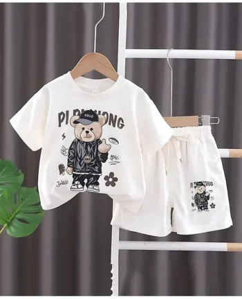 Googo Gaaga Cotton Half Sleeves Teddy Bear Printed Tee With Coordinating Shorts Set - White