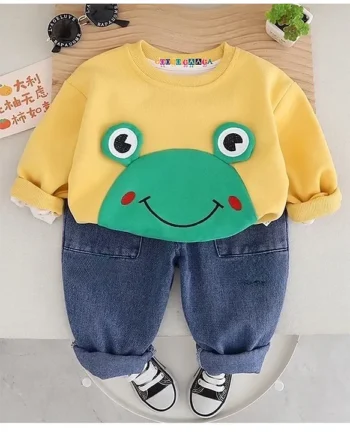 Googo Gaaga Cotton Full Sleeves Snail Patch Detailed Sweatshirt & Joggers Set - Yellow