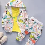Googo Gaaga Cotton Full Sleeves Dinosaurs Printed Coordinating Hooded Jacket & Joggers With Inner Tee Set - White