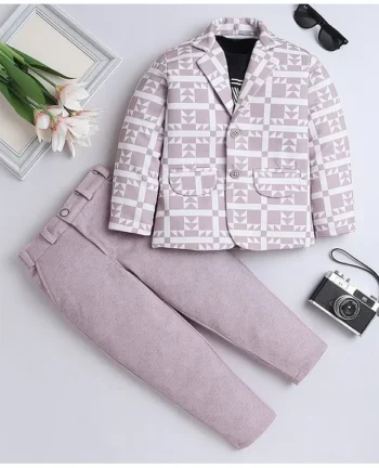 Fourfolds Cotton One Level Text Printed Tee & Trousers With Full Sleeves Blazer Set - Rosy Brown