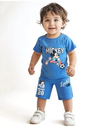 Babyhug Disney Single Jersey Knit Half Sleeves T-Shirt & Shorts Set with Mickey Mouse Graphics - Blue