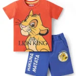 Babyhug Disney Single Jersey Knit Half Sleeves T-Shirt & Shorts Set with Simba Graphics - Dark Orange & Blue
