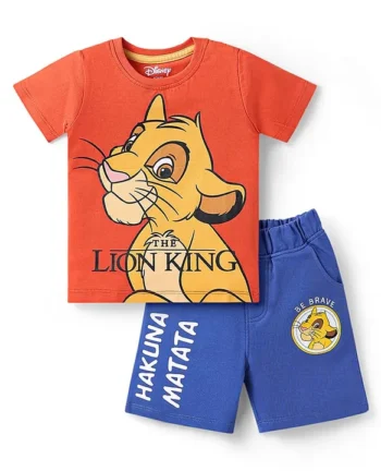 Babyhug Disney Single Jersey Knit Half Sleeves T-Shirt & Shorts Set with Simba Graphics - Dark Orange & Blue