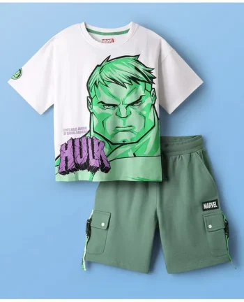 Pine Kids Marvel Single Jersey Knit Half Sleeves Oversize Drop Shoulder T-Shirt & Shorts Set With Avengers Hulk Graphics - White & Olive Green