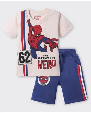 Babyhug Marvel Single Jersey Knit Half Sleeve T-Shirt & Shorts Set With Spider Man Graphics And Badge Detailing - Navy Blue & White