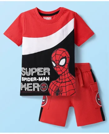 Babyhug Marvel Single Jersey Knit Half Sleeves Cut and Sew T-Shirt & Shorts Set With Spider-Man Graphics - Red & Black