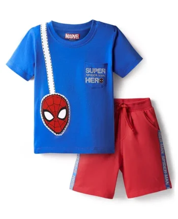 Babyhug Marvel Single Jersey Knit Half Sleeves T-Shirt & Shorts Set With Spider Man Graphics & Pocket Detailing - Blue & Red
