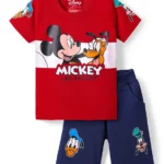 Babyhug Disney Single Jersey Knit Half Sleeve T-Shirt & Shorts Set With Mickey Mouse And Family Graphics - Red & Navy Blue