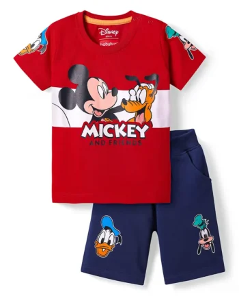 Babyhug Disney Single Jersey Knit Half Sleeve T-Shirt & Shorts Set With Mickey Mouse And Family Graphics - Red & Navy Blue