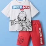 Pine Kids Marvel Single Jersey Knit Half Drop Shoulder Sleeves Oversized T-Shirt & Shorts Set With Spider- Man Graphics - White & Red