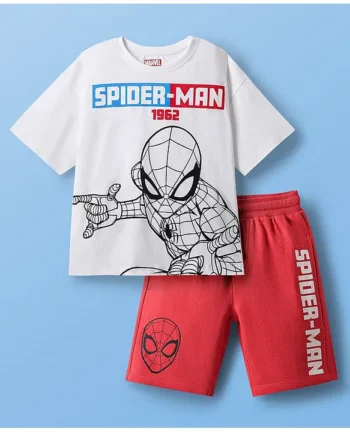 Pine Kids Marvel Single Jersey Knit Half Drop Shoulder Sleeves Oversized T-Shirt & Shorts Set With Spider- Man Graphics - White & Red