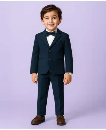 Babyhug Knit Full Sleeves Solid 3 Piece Party Suit With Bow - Navy Blue