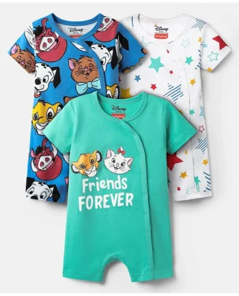Babyhug Disney Interlock Knit Half Sleeves Rompers With Disney Character Graphics Pack of 3 - Sea Green Blue & White
