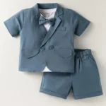 Mark & Mia Cotton Woven Half Sleeves Blazer T-Shirt with Attached Bow & Shorts - White & Blue