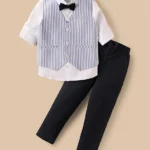 Mark & Mia Cotton Woven Full Sleeves Striped 3 Piece Party Suit with Bow - Black & White