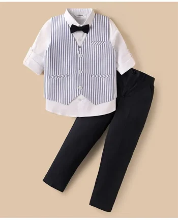 Mark & Mia Cotton Woven Full Sleeves Striped 3 Piece Party Suit with Bow - Black & White