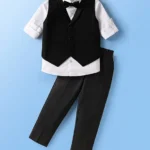 Mark & Mia Cotton Woven Full Sleeves Solid 3 Piece Party Suit With Bow - Black & White