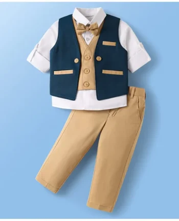 Mark & Mia Cotton Woven Full Sleeves Solid 3 Piece Party Suit With Bow - Multicolor