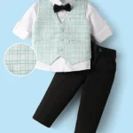Mark & Mia Cotton Woven Full Sleeves Checks 3 Piece Party Suit With Bow - Sea Green