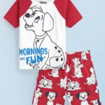 HoneyHap Disney Single Jersey Knit Half Raglan Sleeves T-Shirt & Shorts Set With 101 Dalmatians Graphics - White & Red