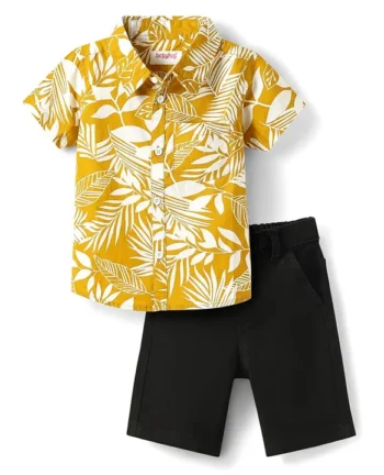 Babyhug Cotton Woven Half Sleeves Shirt and Shorts Set with Leaves Printed - Yellow & Black