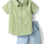 Babyhug Cotton Woven Half Sleeves Shirts and Shorts Set with Stripes - Light Green