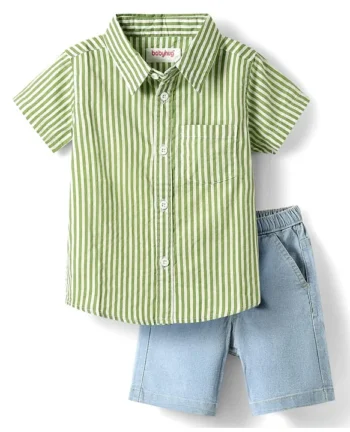 Babyhug Cotton Woven Half Sleeves Shirts and Shorts Set with Stripes - Light Green