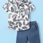 Babyhug Cotton Woven Half Sleeves Shirt & Denim Shorts with Leaves Print - White & Blue