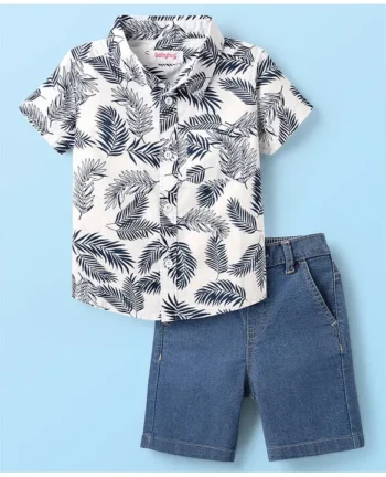 Babyhug Cotton Woven Half Sleeves Shirt & Denim Shorts with Leaves Print - White & Blue