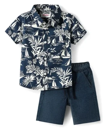 Babyhug Cotton Woven Half Sleeves Shirts and Shorts Set with Leaves Print - Navy Blue