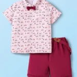 Babyhug Knit Half Sleeves Car Printed Shirt & Shorts Set with Bow & Suspender - Maroon & Light Pink
