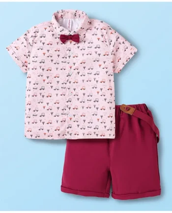 Babyhug Knit Half Sleeves Car Printed Shirt & Shorts Set with Bow & Suspender - Maroon & Light Pink