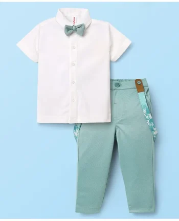 Babyhug Knit Half Sleeves Solid Shirt & Trouser With Bow & Suspender - White & Green