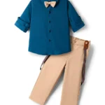 Babyhug Knit Full Sleeves Solid Color Party Shirt & Trouser Set with Suspendor & Bow - Blue & Beige