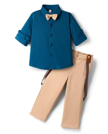 Babyhug Knit Full Sleeves Solid Color Party Shirt & Trouser Set with Suspendor & Bow - Blue & Beige