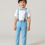 Babyhug Knit Full Sleeves Solid Color Shirt & Trouser with Bow & Suspender Cap - Light Blue & White