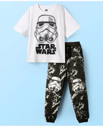 Pine Kids Lucas Single Jersey Knit Half Drop Shoulder Sleeves Oversized T-Shirt & Lounge Pant Set With Star Wars Graphics - White & Black