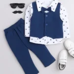 BUMZEE Interlock Knit Full Sleeves Boat Print 3 Piece Party Suit with Bow Attached - Navy Blue & White
