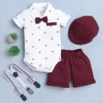 BUMZEE Cotton Half Sleeves Abstract Printed Onesie Shorts With Suspender Cap & Bow Set - White & Maroon