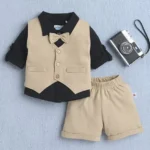 BUMZEE Cotton Full Sleeves Bow Applique Detailed 3 Piece Party Suit Set - Black & Beige
