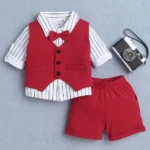 BUMZEE Cotton Knit Full Sleeves Solid Color 3 Pieces Party Suit - Red
