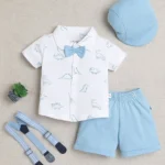 BUMZEE Cotton Knit Half Sleeves Dinosaur Print Shirt & Short Set With Suspender Bow & Cap - White & Sky Blue