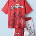 Honeyhap Marvel Single Jersey Knit Half Drop Shoulder Sleeves T-Shirt & Shorts Set With Spider-Man Graphics - Red & White
