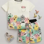 Little Ninja Cotton Half Sleeves Monsters Printed Coordinating Tee & Shorts Sets - Cream