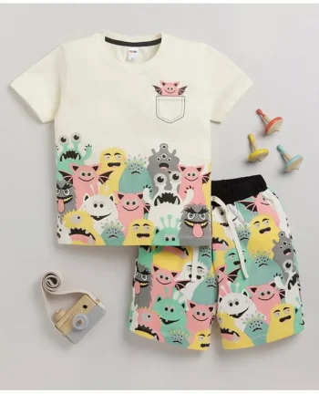 Little Ninja Cotton Half Sleeves Monsters Printed Coordinating Tee & Shorts Sets - Cream