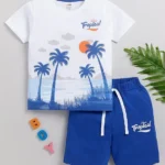Little Ninja Cotton Half Sleeves Tropical Theme Printed Coordinating Tee & Shorts Set - Blue